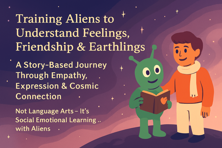 Illustration of a friendly alien and human companion standing together in a dreamy outer space setting, surrounded by swirling stars and gentle cosmic hues—evoking empathy, emotional connection, and social learning.