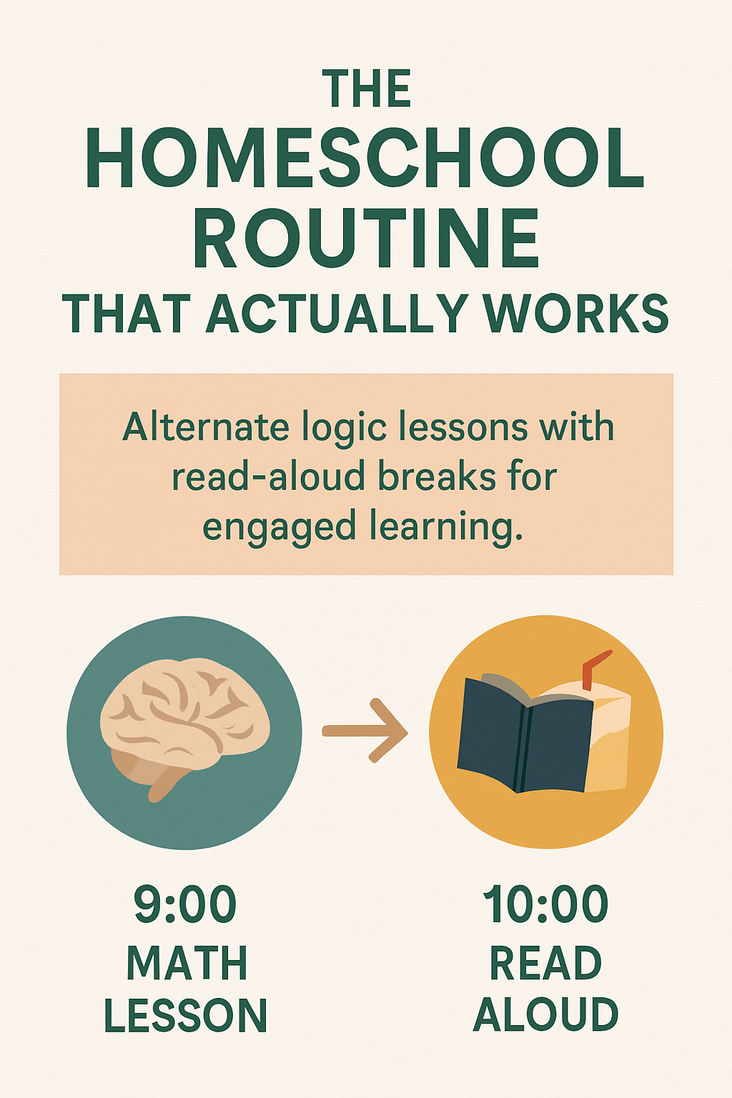 Stylized infographic showing a brain-based homeschool routine that actually works: alternating math lessons with read-aloud breaks for better focus, memory, and joy. Visual icons include a brain at 9:00 for math and a book with drink at 10:00 for read-aloud time, connected by an arrow in a cozy, neutral-toned design.