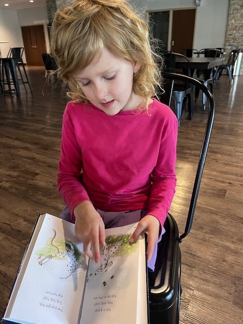 Young girl sitting cross-legged, deeply focused as she reads an All About Reading book—sunlight spilling across the pages, her face lit with quiet confidence and curiosity.