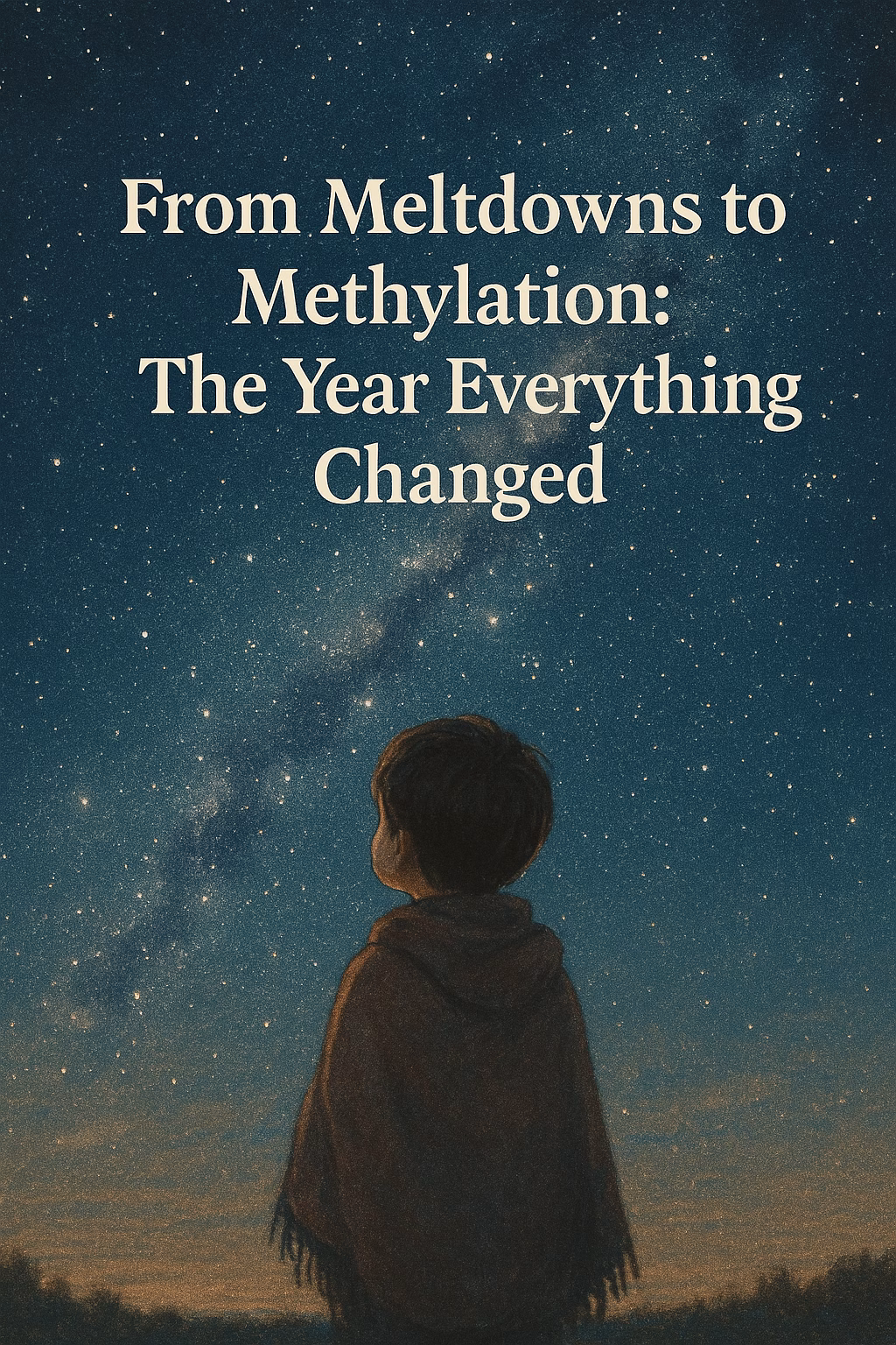 A child wrapped in a blanket gazes up at a vast, star-filled night sky with the Milky Way stretching overhead. The scene evokes wonder and transformation, with warm light on the horizon and the title “From Meltdowns to Methylation: The Year Everything Changed” overlaid in soft, serif font.