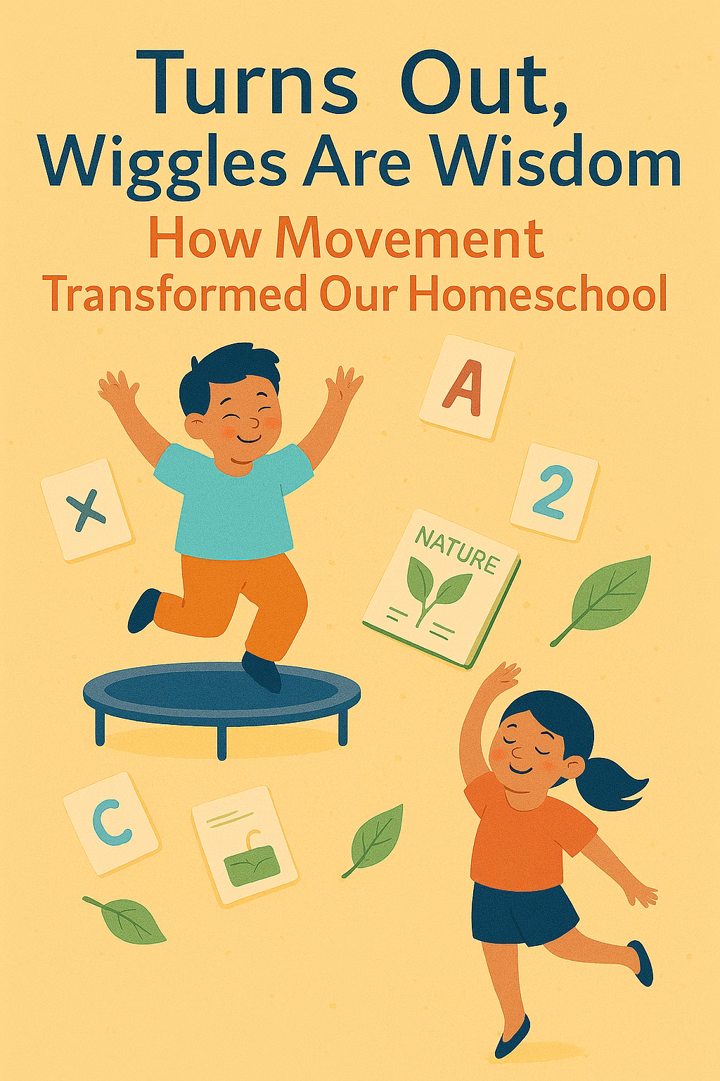 Illustration of two joyful children moving against a warm yellow background. A boy bounces on a blue trampoline surrounded by floating flashcards and a nature journal, while a girl twirls below with her arms raised and ponytail swinging. The title above reads, “Turns Out, Wiggles Are Wisdom: How Movement Transformed Our Homeschool.
