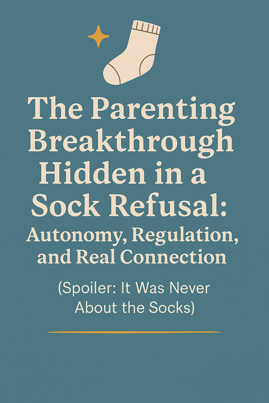 Digital graphic with muted teal background featuring the title ‘The Parenting Breakthrough Hidden in a Sock Refusal: Autonomy, Regulation, and Real Connection.’ A playful beige sock illustration and golden star sit above the centered text. Below the subtitle, a smaller line reads ‘(Spoiler: It Was Never About the Socks).’ Clean design with warm serif and sans-serif fonts, no website or footer.”