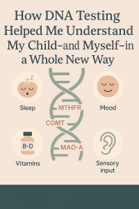 “Infographic titled ‘How DNA Testing Helped Me Understand My Child—and Myself—in a Whole New Way’ featuring a stylized DNA strand labeled with MTHFR, COMT, and MAO-A. Surrounding the helix are icons for sleep, mood, vitamins B and D, and sensory input, all in a soft, muted palette of sage green, peach, and beige. The design conveys gentle science and compassionate parenting.”