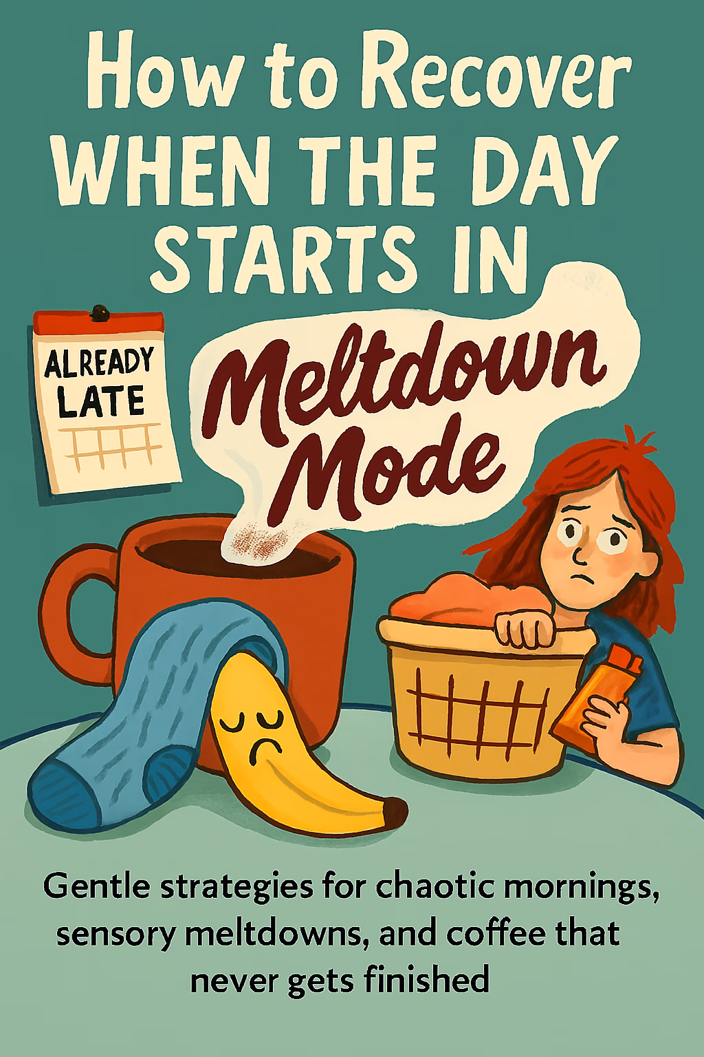Illustrated blog graphic titled “How to Recover When the Day Starts in Meltdown Mode.” Features a spilled coffee mug with steam forming the words “Meltdown Mode,” a sad banana draped in a blue sock, a wall calendar marked “Already Late,” and a frazzled mom peeking from behind a laundry basket holding a granola bar. Tagline reads: “Gentle strategies for chaotic mornings, sensory meltdowns, and coffee that never gets finished.” Background is teal with warm, cartoonish elements.