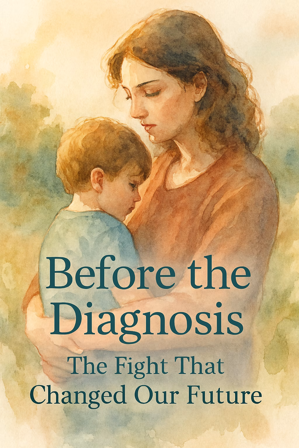 Watercolor-style illustration of a mother gently holding her young child outdoors in soft, warm light. The mother looks down protectively while the child leans into her chest. Overlay text reads: “Before the Diagnosis: The Fight That Changed Our Future.” The scene evokes tenderness, advocacy, and emotional strength.
