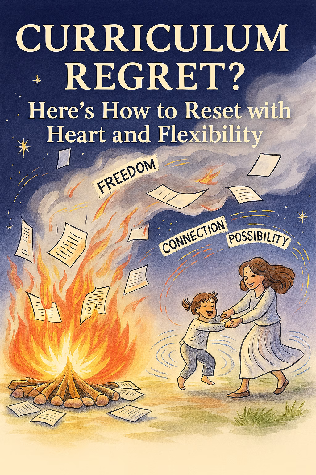 Watercolor-style illustration of a joyful mother and child dancing barefoot around a bonfire at night. Curriculum pages burn in the flames while others swirl into the starry sky, carrying words like “freedom,” “connection,” and “possibility.” The title “Curriculum Regret? Here’s How to Reset with Heart and Flexibility” appears above. The scene evokes themes of release, growth, and emotionally safe homeschooling.