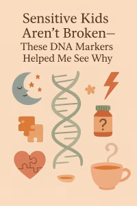Illustration with the title “Sensitive Kids Aren’t Broken—These DNA Markers Helped Me See Why” in dark serif font on a beige background. A soft green DNA strand winds diagonally across the image, surrounded by icons representing sensitive traits: a sleepy moon with stars, a lightning bolt, a medicine bottle with a question mark, a heart with puzzle pieces, and a steaming tea cup with a question mark-shaped wisp. The design uses muted earth tones and a cozy, minimalist style to convey compassion and clarity.