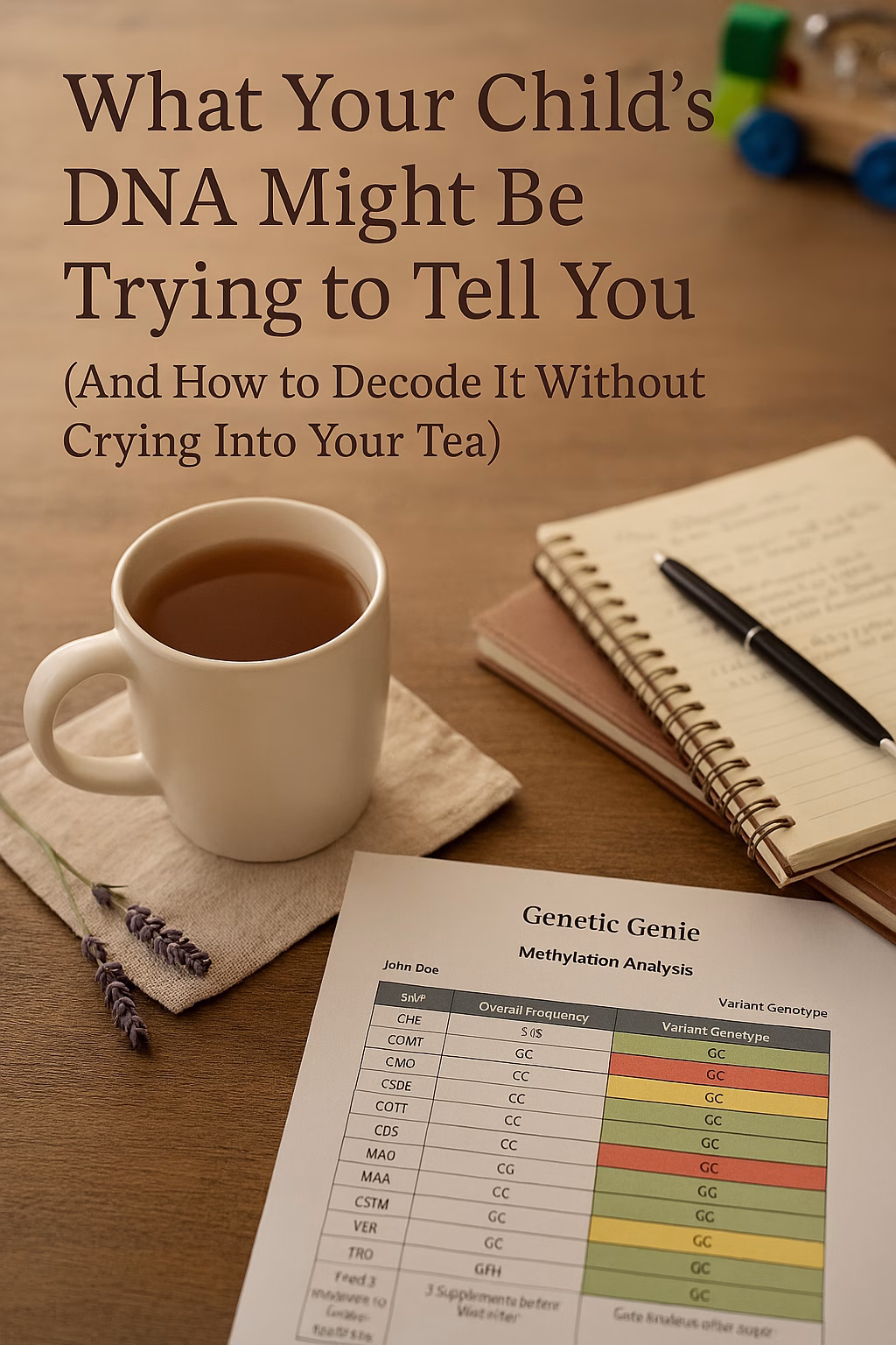 Cozy flat lay of a DNA decoding setup: a steaming mug of tea on a linen napkin, a sprig of lavender, a handwritten journal, and a printed Genetic Genie methylation report. The title reads ‘What Your Child’s DNA Might Be Trying to Tell You (And How to Decode It Without Crying Into Your Tea).’ The scene evokes warmth, clarity, and gentle healing for sensitive families.”