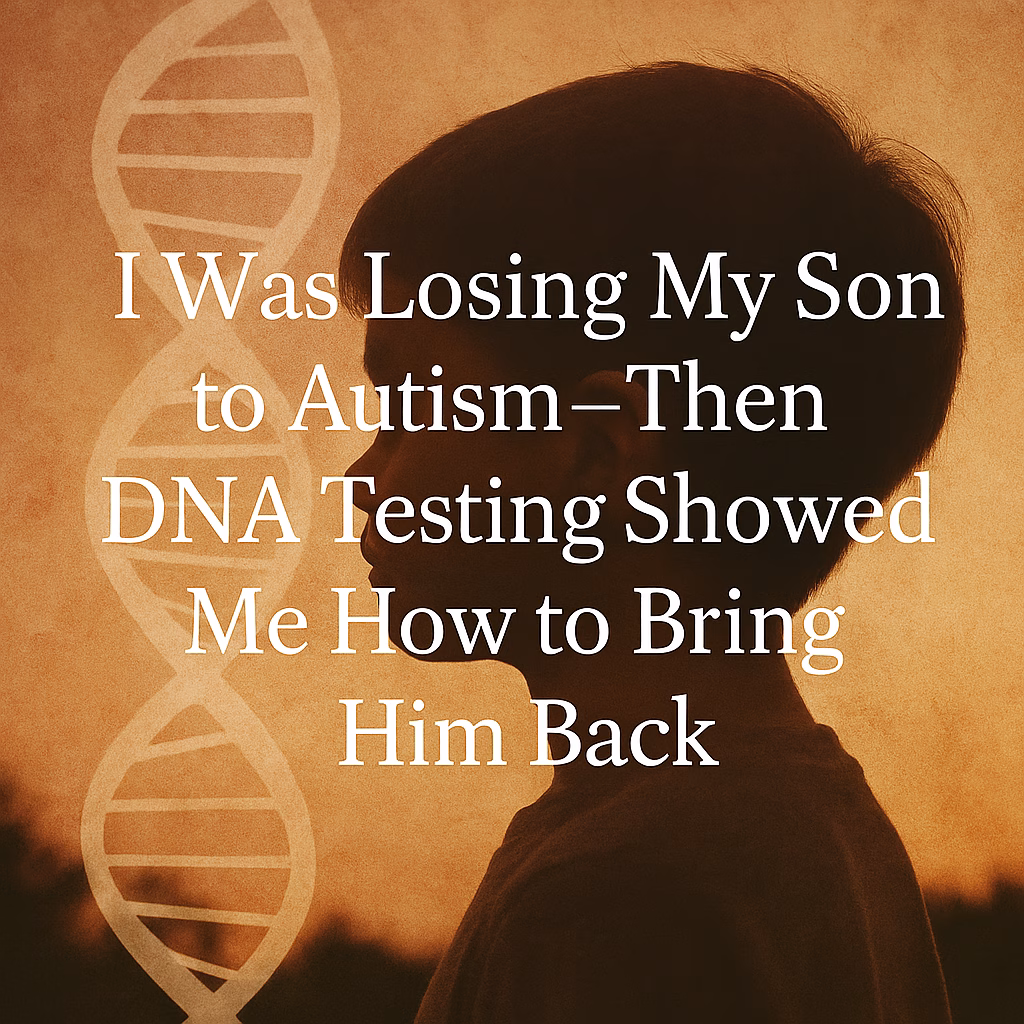 Silhouette of a young boy in profile overlaid with a white DNA double helix strand, set against a warm, textured background. The image includes the title “I Was Losing My Son to Autism—Then DNA Testing Showed Me How to Bring Him Back,” symbolizing the connection between genetic insight and autism recovery.