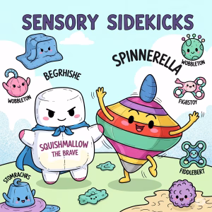 A whimsical drawing titled "SENSORY SIDEKICKS." The image features cartoon characters including "Squishmallow the Brave," a marshmallow-like hero with a cape, and "Spinnerella," a spinning top with a joyful expression. Surrounding them are other small, playful characters with names like "Wobbleton" and "Fiddlebert" in a colorful, outdoor setting.