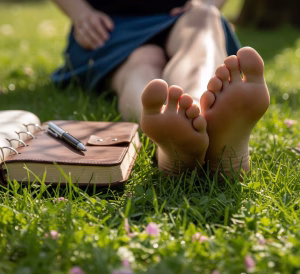woman's feet on grass with journal beside her. 30 Day Ritual.