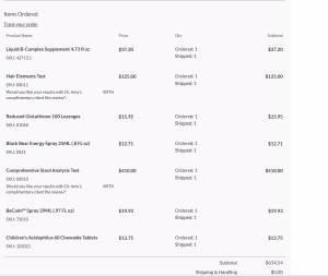 Receipt showing $634.54 order for autism recovery supplements and tests, including stool analysis, hair test, and Dr. Amy Yasko protocol items. Autism healing.