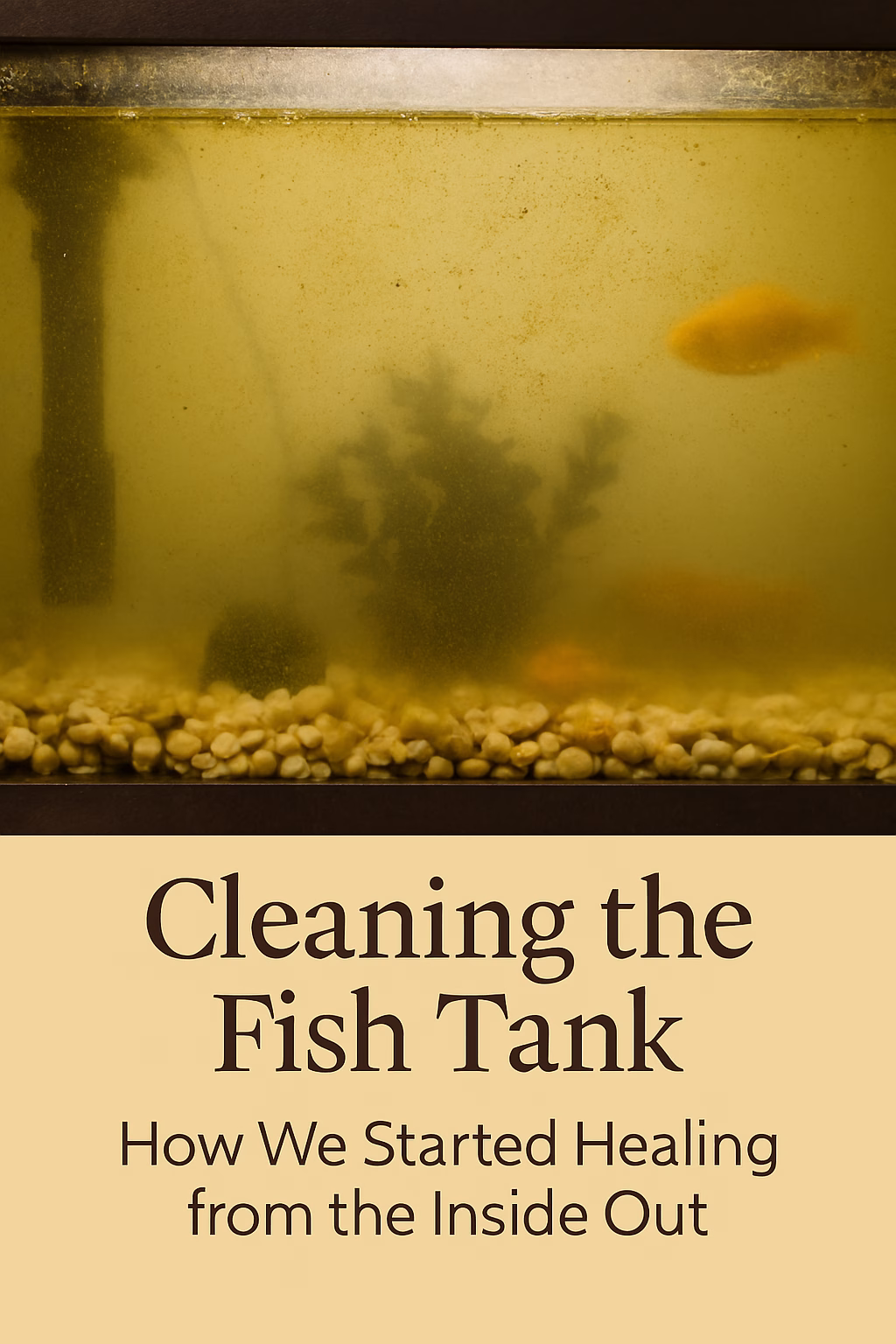 A dirty fish tank with cloudy yellow-green water, algae buildup, and a single orange fish swimming near the edge. The murky environment symbolizes how toxins can affect a child’s well-being—and how cleaning the tank is a gentle way to help your child feel better naturally.