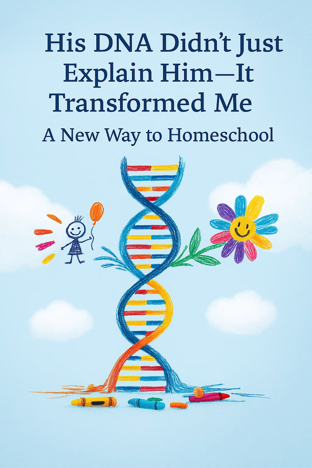 Crayon-style illustration of a colorful DNA double helix with rainbow rungs, surrounded by playful elements—a smiling stick figure child holding an orange balloon, a cheerful flower with multicolored petals, and scattered crayons. The background is a light blue sky with fluffy white clouds. The title “His DNA Didn’t Just Explain Him—It Transformed Me: A New Way to Homeschool” appears in bold dark blue text at the top, conveying a theme of emotional growth, scientific insight, and gentle parenting.
