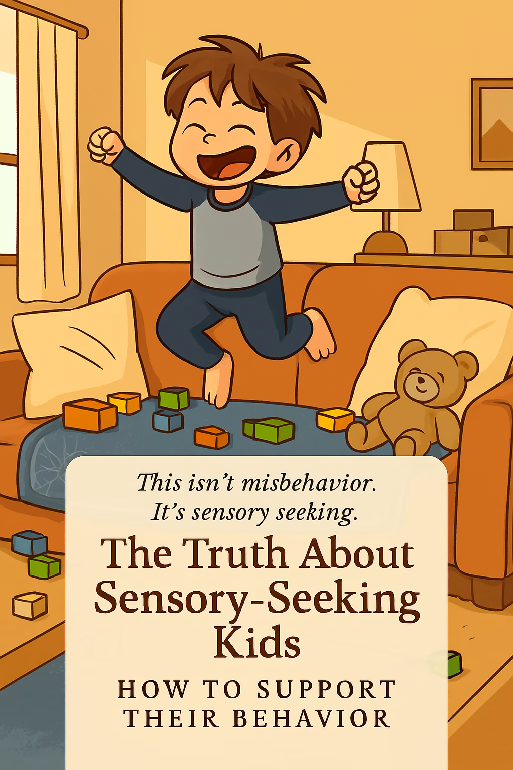 Cartoon-style illustration of a young boy mid-jump on a cozy orange couch, smiling with eyes closed and arms outstretched. Colorful building blocks and a teddy bear are scattered on a blue patterned blanket. The room is softly lit with warm tones and everyday clutter. Overlay text reads: “This isn’t misbehavior. It’s sensory-seeking. And it has a reason. The Truth About Sensory-Seeking Kids: How to Support Their Behavior.”