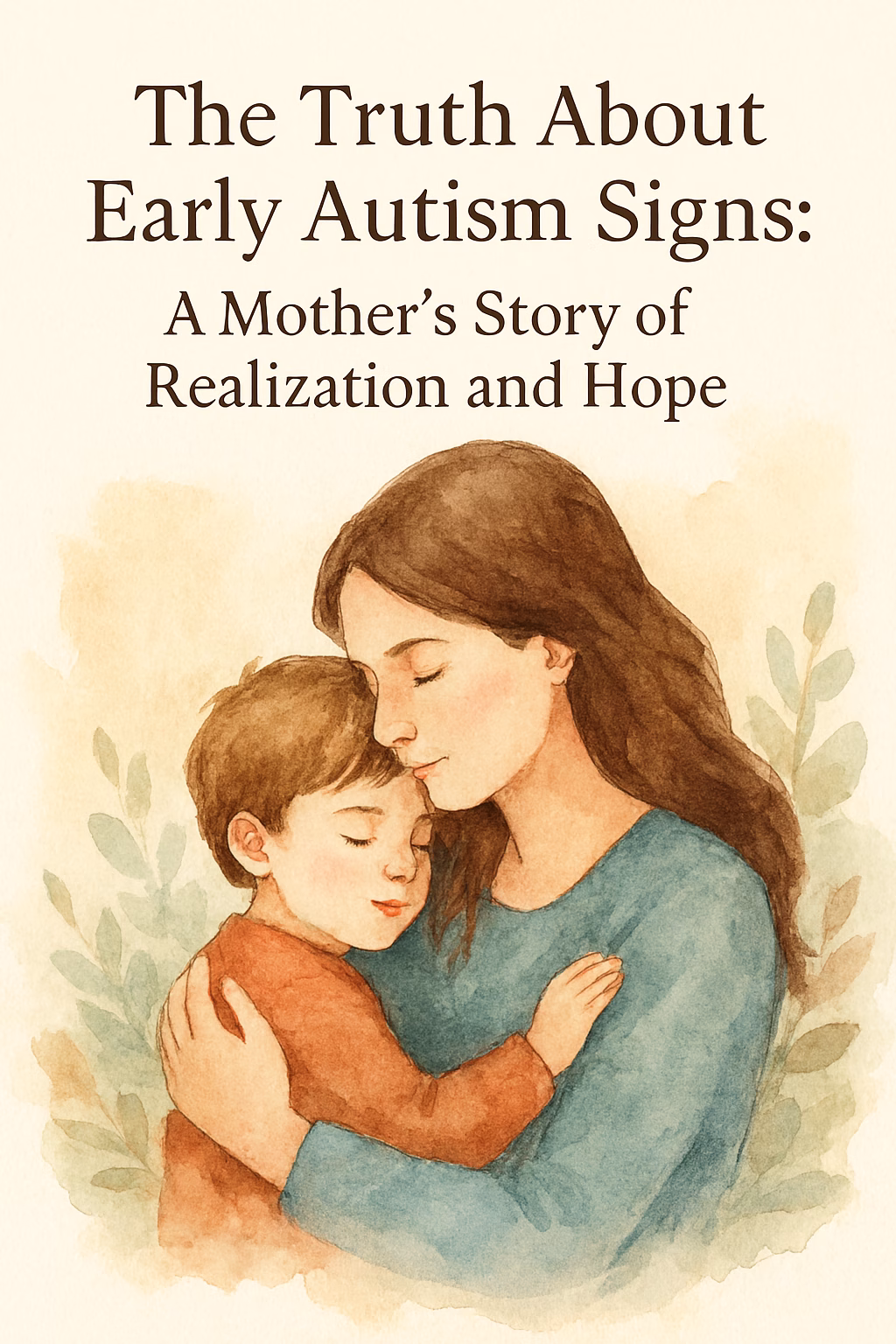 Watercolor-style illustration of a mother gently embracing her young son. The mother has long brown hair and wears a soft blue top, while the boy, with tousled light brown hair, rests peacefully against her shoulder in a rust-colored shirt. Surrounding them are muted green and peach watercolor foliage. The image evokes tenderness, safety, and emotional connection—used to accompany a blog post titled “The Truth About Early Autism Signs: A Mother’s Story of Realization and Hope.”