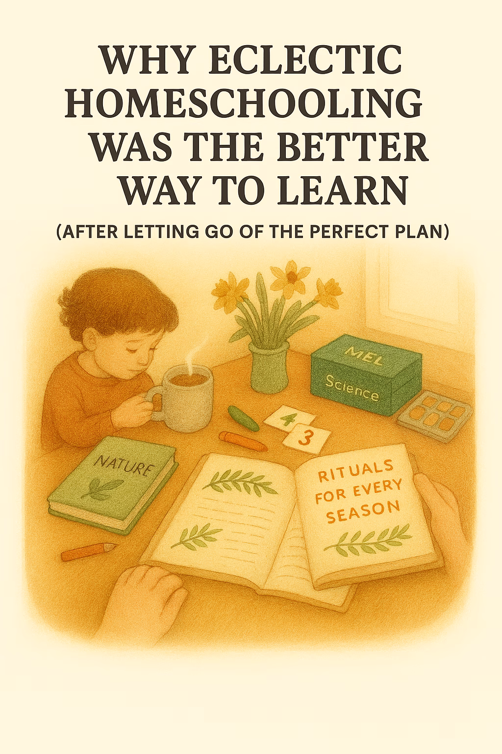 Warm-toned illustration of a child sitting at a wooden table, engaged in eclectic homeschooling. The child wears an orange sweater and holds a steaming mug while pointing to a book titled “RITUALS FOR EVERY SEASON.” Other materials on the table include books labeled “NATURE” and “SCIENCE,” a pencil, flashcard, abacus, and a vase of yellow daffodils. Above the scene, bold serif text reads: “WHY ECLECTIC HOMESCHOOLING WAS THE BETTER WAY TO LEARN (AFTER LETTING GO OF THE PERFECT PLAN).” The atmosphere is cozy, intentional, and emotionally grounded.