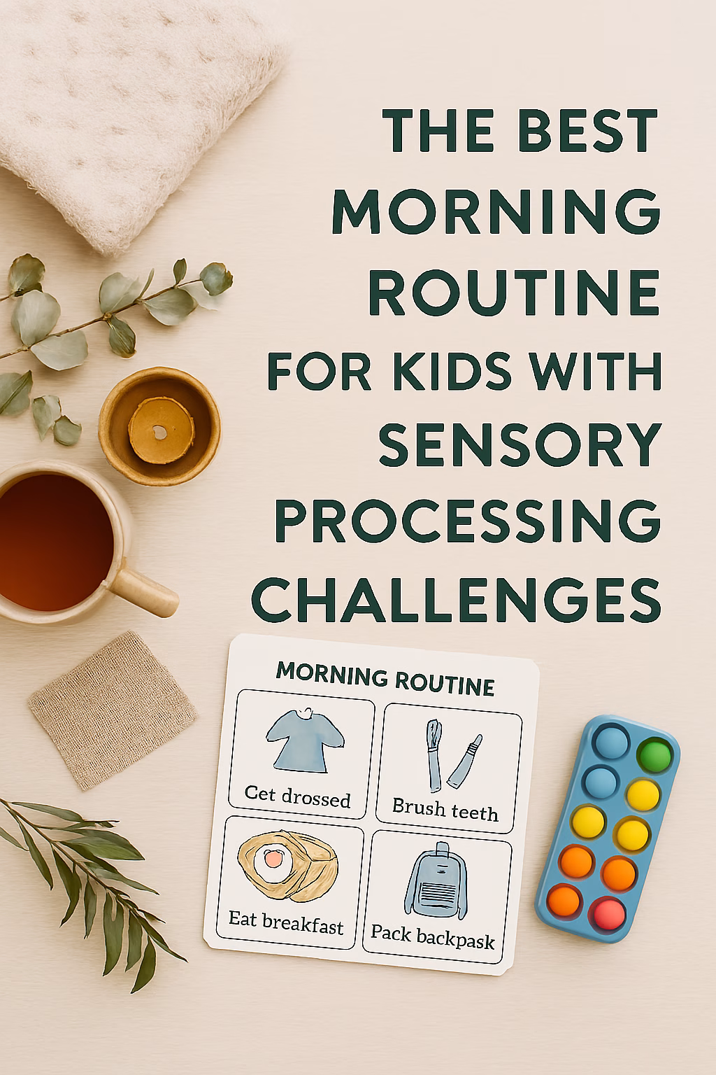 Flat-lay image promoting sensory-friendly morning routines for kids with sensory processing challenges. Includes cozy items like a plush blanket, eucalyptus sprigs, a warm drink, beeswax candle, and visual schedule with icons for dressing, brushing teeth, eating breakfast, and packing a backpack. A colorful fidget toy adds playful sensory support. Text overlay reads: “The Best Morning Routine for Kids with Sensory Processing Challenges.”