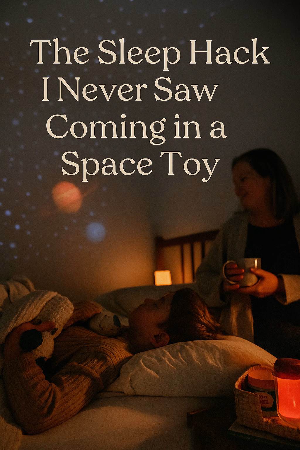 A child lies in bed gazing at a space-themed ceiling projection while holding a plush toy. A parent sits nearby with a warm mug, smiling gently. The room is softly lit with warm tones, and the projected stars and planets create a calming bedtime atmosphere. Overlaid text reads: “The Sleep Hack I Never Saw Coming in a Space Toy.” The scene evokes emotional safety, sensory-friendly sleep support, and a cozy nighttime ritual.