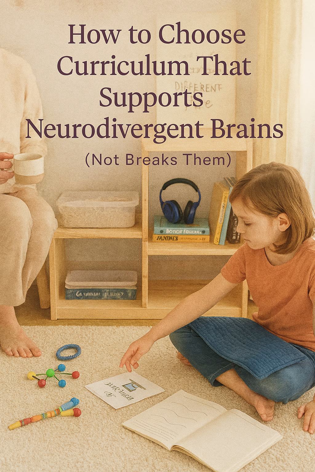 A cozy homeschool scene shows a neurodivergent child sitting cross-legged on a soft rug, reaching for a visual schedule card labeled “BREAK TIME.” Nearby are sensory-friendly tools like a weighted lap pad, a molecule building kit, and a fidget ring. An adult sits beside them holding a mug. In the background, a shelf displays kinetic sand, headphones, and books. A handwritten sign reads “Learning Looks Different Here.” Overlay text says: “How to Choose Curriculum That Supports Neurodivergent Brains (Not Breaks Them).”