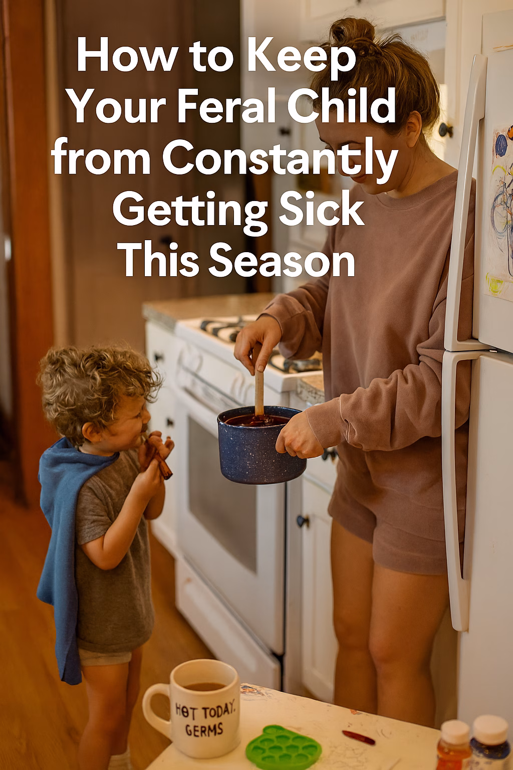 A cozy kitchen scene shows a light-skinned mom stirring elderberry syrup on the stove while her barefoot child in a dish towel cape sniffs cinnamon sticks. The counter holds a “Not Today, Germs” mug, sensory toys, and vitamins. Overlay text reads: “How to Keep Your Feral Child from Constantly Getting Sick This Season.”