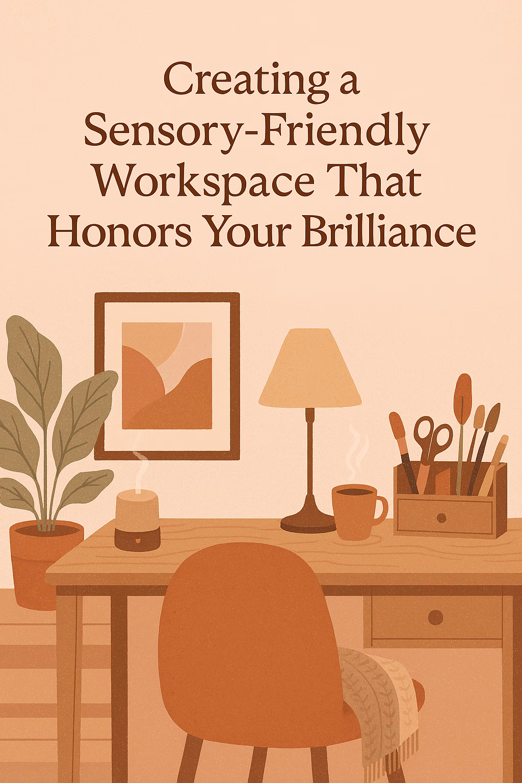 Illustration of a cozy, sensory-friendly workspace with a wooden desk, cushioned chair, knit throw blanket, essential oil diffuser, warm lamp, and steaming mug. A framed abstract art print and potted plant add visual calm. Text reads: “Creating a Sensory-Friendly Workspace That Honors Your Brilliance.” The scene evokes warmth, regulation, and creative flow for neurodivergent learners and sensitive families.