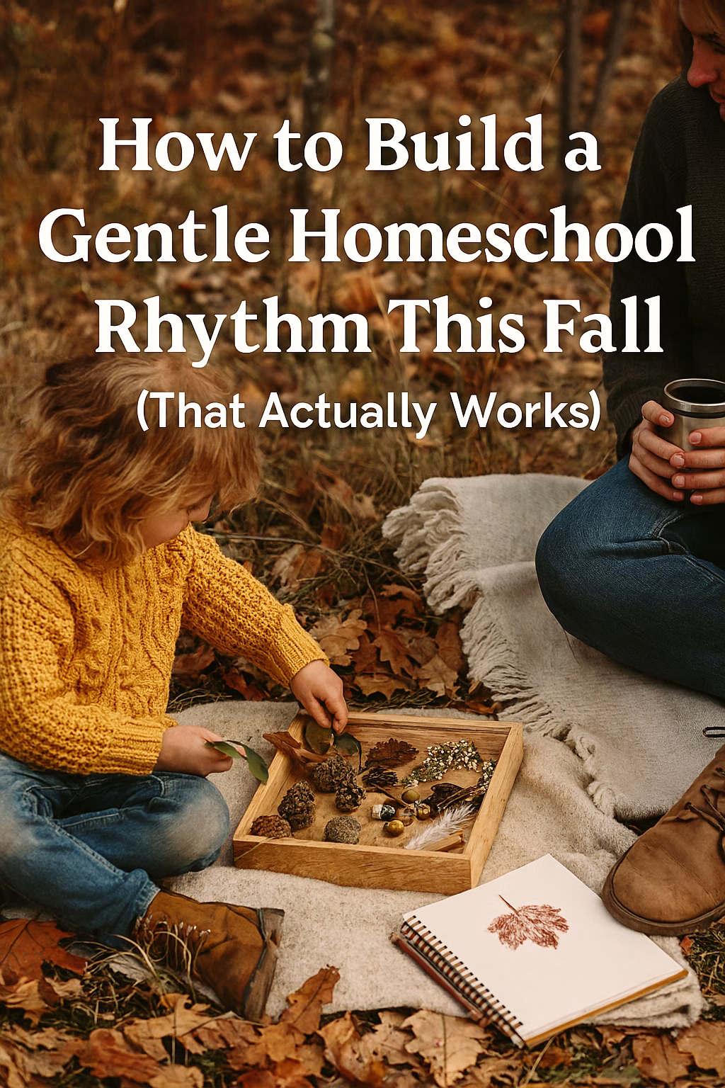 Mother and child sit on a wool blanket outdoors in autumn, exploring nature items in a wooden tray. The child wears a mustard sweater and examines leaves and pinecones, while the mother watches calmly with a mug in hand. A sketchbook with a leaf drawing lies nearby. Overlaid text reads: “How to Build a Gentle Homeschool Rhythm This Fall (That Actually Works).” The scene evokes warmth, connection, and nature-based learning.