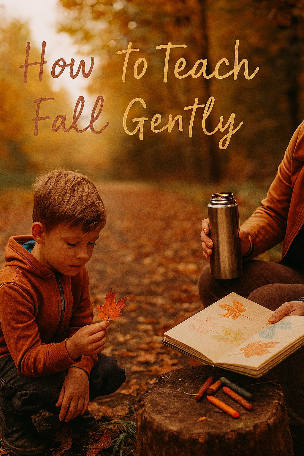 Child crouching on a forest path during autumn, holding a colorful leaf while an adult beside them displays a sketchbook with leaf rubbings and a thermos. Warm fall colors surround them, with scattered crayons on a tree stump and golden leaves covering the ground. Text overlay reads “How to Teach Fall Gently.”