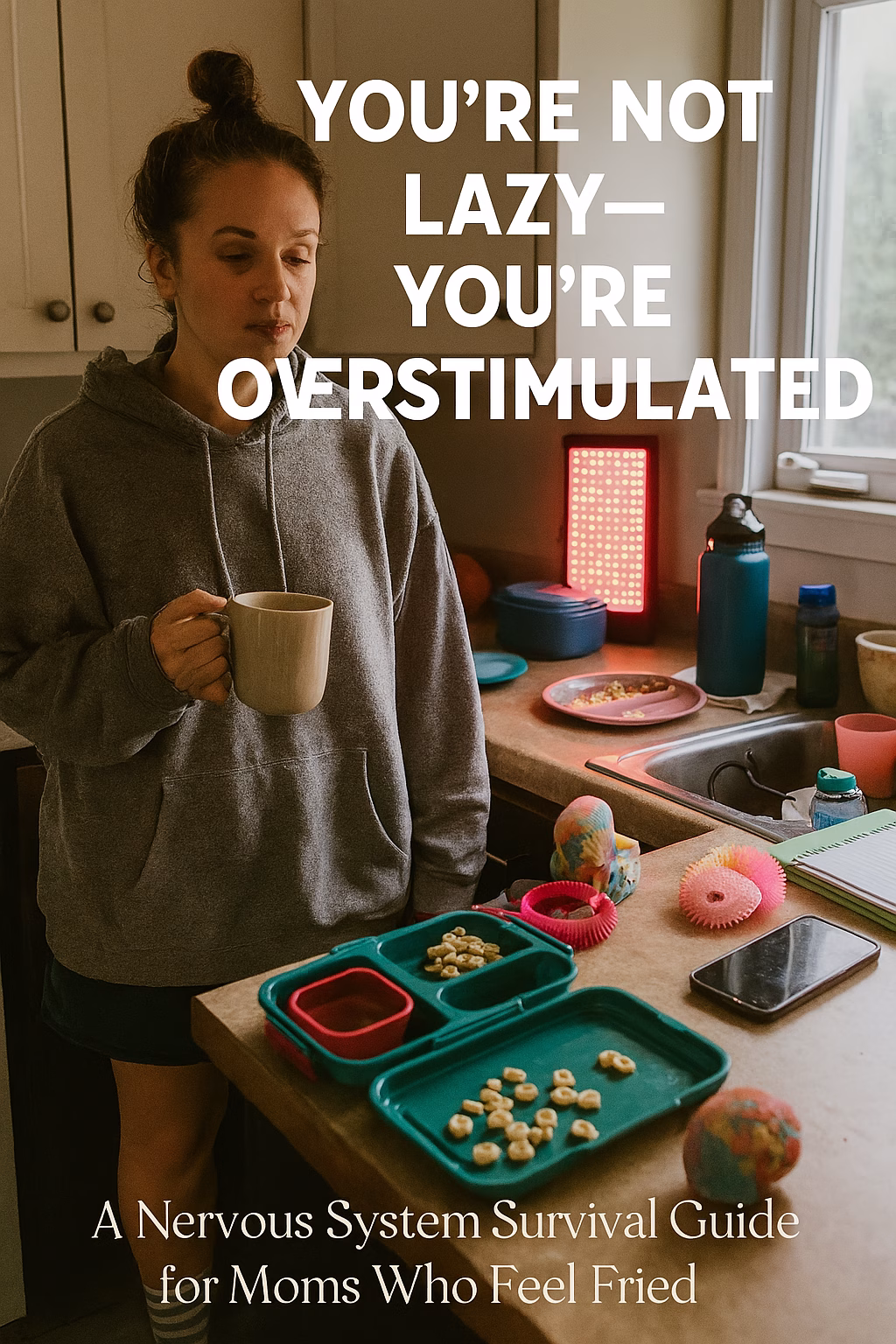 An overstimulated mother stands in a cluttered kitchen wearing a gray oversized hoodie and mismatched socks. Her hair is in a messy bun, and she holds a mug of tea while staring blankly at a countertop scattered with sensory toys, spilled cereal, a blinking phone, and lunchboxes. A red light therapy panel glows softly on the windowsill behind her. Overlay text reads: “You’re Not Lazy—You’re Overstimulated: A Nervous System Survival Guide for Moms Who Feel Fried.”