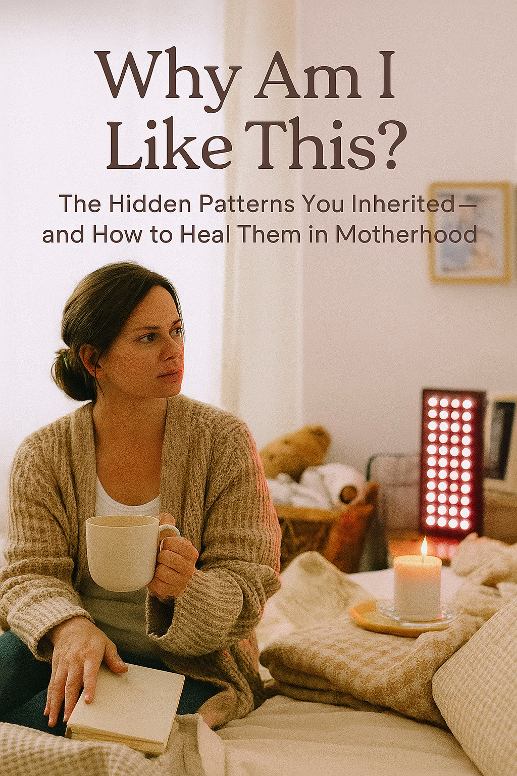 A light-skinned mother sits thoughtfully on the edge of a cozy, softly lit bed. She wears a beige cardigan and holds a warm mug in one hand, with a closed journal resting on her lap. A red light therapy panel glows gently nearby, alongside a flickering candle. In the background, children’s toys, a laundry basket, and a framed photo of older relatives hint at generational echoes. Overlay text reads: “Why Am I Like This? The Hidden Patterns You Inherited—and How to Heal Them in Motherhood.”