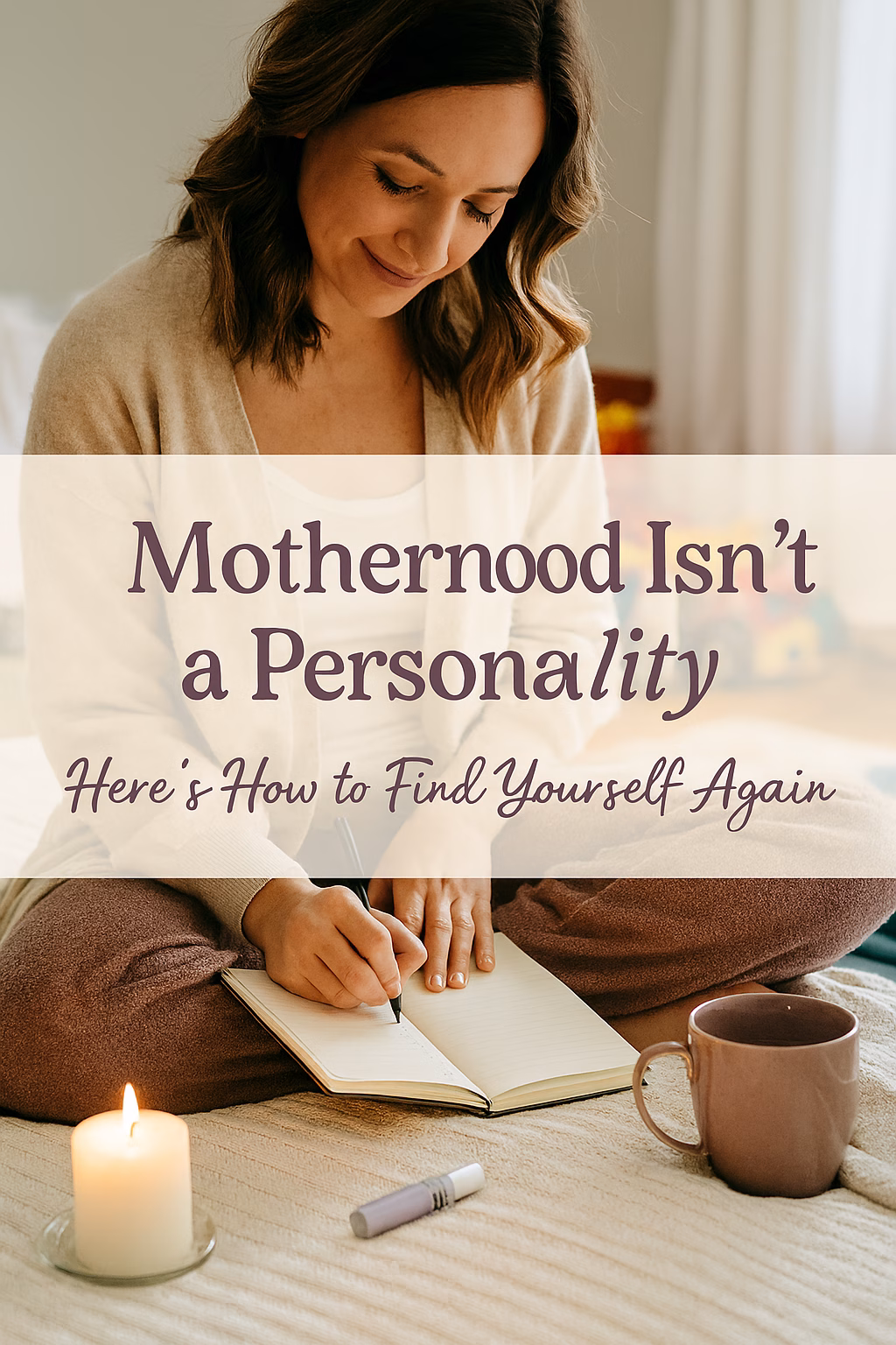 A light-skinned mother sits cross-legged on a bed, journaling with a gentle smile. She wears cozy loungewear and is surrounded by a candle, tea, and essential oils. Children’s toys and laundry are softly blurred in the background. Overlay text reads: “Motherhood Isn’t a Personality—Here’s How to Find Yourself Again.”