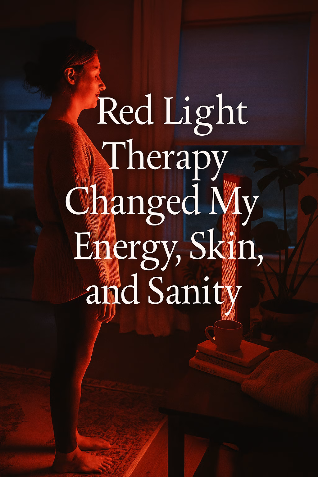 Woman standing barefoot in a softly lit living room, facing a glowing red light therapy panel. The warm red glow illuminates her face and body as she stands calmly on a patterned rug. A side table nearby holds a mug, folded blanket, and books titled “Gentle Rituals” and “Wintering.” In the background, a child plays near a window showing the cool twilight sky. Overlaid text reads: “Red Light Therapy Changed My Energy, Skin, and Sanity.”