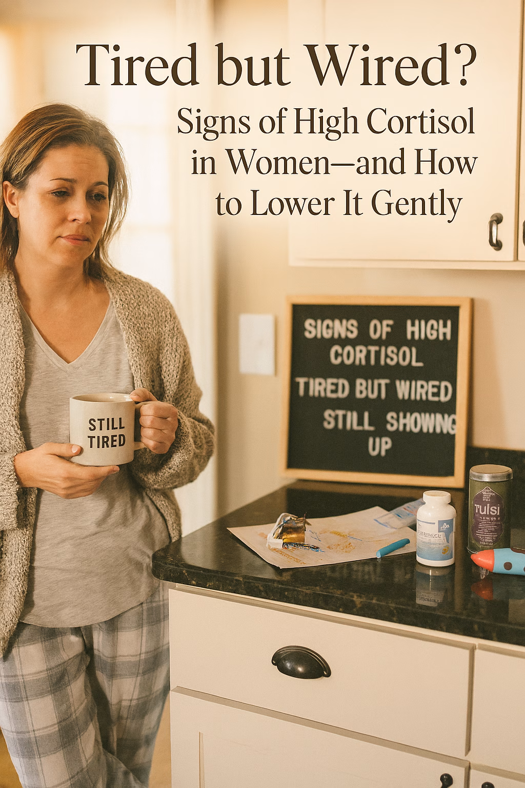 Light-skinned woman in cozy pajamas and a cardigan stands in a softly lit kitchen holding a mug labeled “Still Tired.” She looks weary but calm. A letter board beside her reads “Signs of High Cortisol: Tired but Wired, Still Showing Up.” On the counter: magnesium, tulsi tea, a protein bar, crayon drawings, and a toy rocket. Overlay text reads: “Tired but Wired? Signs of High Cortisol in Women—and How to Lower It Gently.”