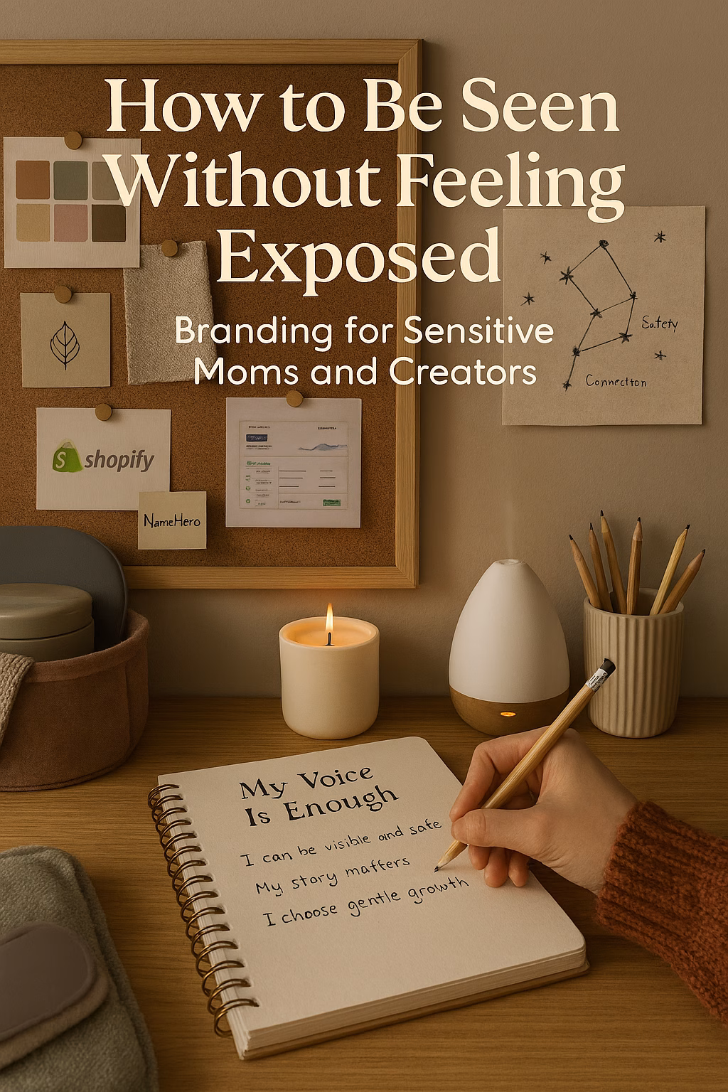 A cozy branding workspace for sensitive moms and creators, featuring a journal titled “My Voice Is Enough” with handwritten affirmations, a rust-colored sweater sleeve, a candle, diffuser, and corkboard displaying warm-toned branding elements, Shopify and NameHero notes, and a child’s constellation drawing labeled “Voice,” “Safety,” and “Connection.” Title text reads “How to Be Seen Without Feeling Exposed: Branding for Sensitive Moms and Creators.”