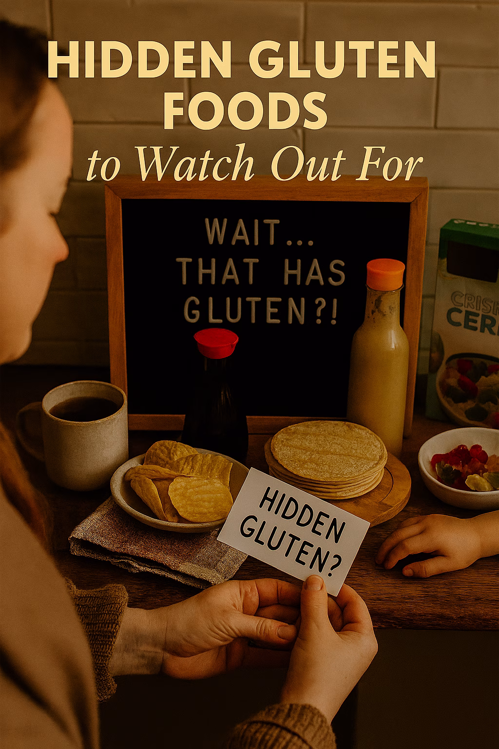 A cozy kitchen scene showing a woman in a brown sweater examining everyday foods like soy sauce, salad dressing, corn tortillas, cereal, and gummy bears—items that may contain hidden gluten. A black letter board reads “WAIT… THAT HAS GLUTEN?!” and overlay text at the top says “HIDDEN GLUTEN FOODS to Watch Out For.” A child’s hand reaches for the gummy bears, adding emotional warmth and visual storytelling.