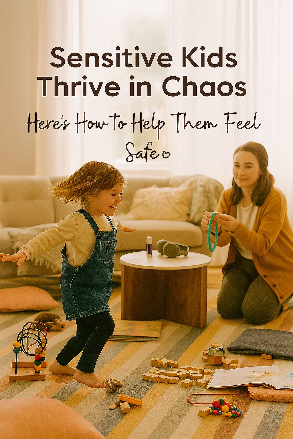 A young sensitive girl spins joyfully in a sunlit living room while her mother kneels nearby, offering a turquoise sensory chew necklace with a gentle smile. Toys, books, and sensory tools are scattered across a striped rug, creating a cozy, lived-in scene. Overlay text reads: “Sensitive Kids Thrive in Chaos—Here’s How to Help Them Feel Safe.”