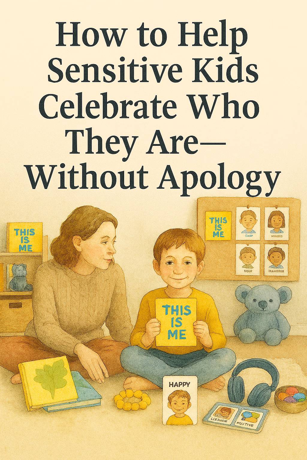 Watercolor illustration of a mother and sensitive child sitting on a cozy rug in a homeschool space. The child holds a yellow card that says “THIS IS ME” while smiling confidently. Around them are sensory tools, emotion cards, headphones, and a visual schedule. The title above reads: “How to Help Sensitive Kids Celebrate Who They Are—Without Apology.” The scene evokes warmth, emotional safety, and neurodivergent pride.
