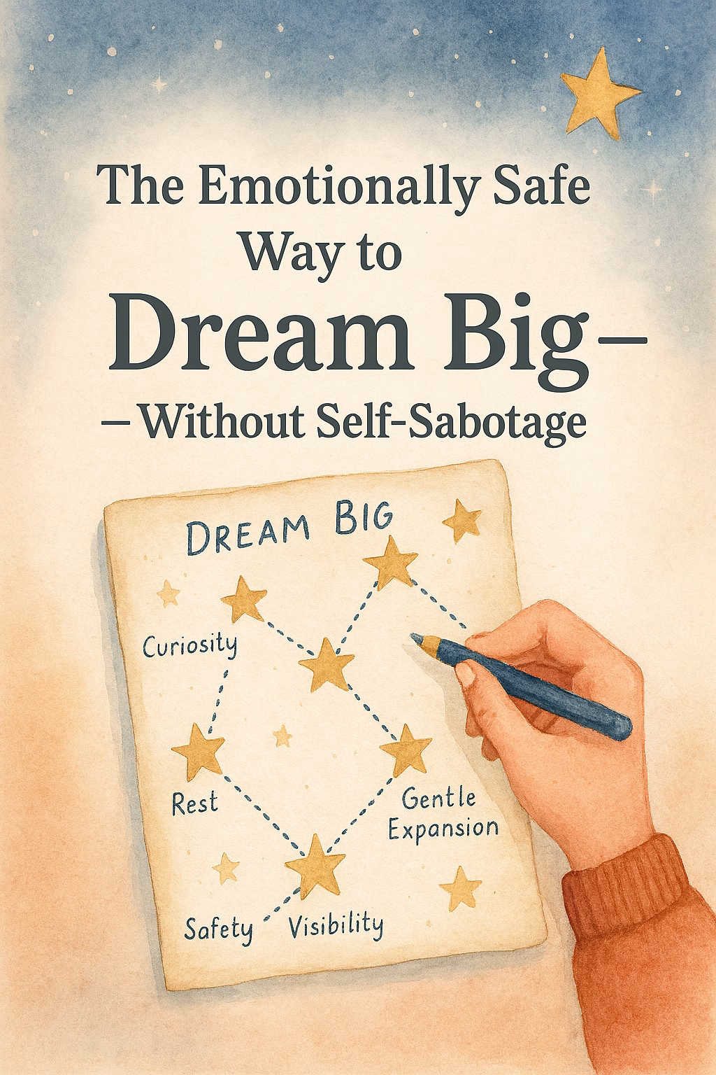 Watercolor illustration of a hand drawing a star chart labeled with gentle intentions like “Curiosity,” “Rest,” “Safety,” and “Gentle Expansion.” The phrase “Dream Big” is being added near the top. Above the chart, bold serif text reads: “The Emotionally Safe Way to Dream Big—Without Self-Sabotage.” The background features soft stars and a cozy, textured sky, evoking warmth, hope, and healing-centered ambition.