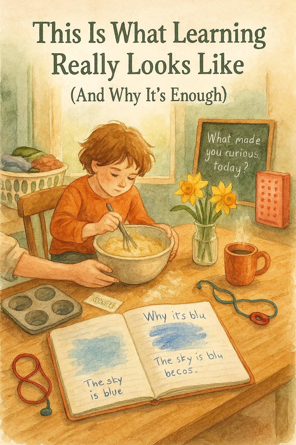Watercolor illustration of a cozy kitchen table where a young child with tousled hair and mismatched socks stirs muffin batter with focused joy. A parent’s hand gently steadies the bowl. The table is scattered with a science flashcard, a crayon-drawn notebook labeled “Why it’s blue,” a sensory chew necklace, and a steaming mug beside a vase of daffodils. In the background, a chalkboard asks “What made you curious today?” and a laundry basket holds neatly folded clothes. The title reads: “This Is What Learning Really Looks Like (And Why It’s Enough).”
