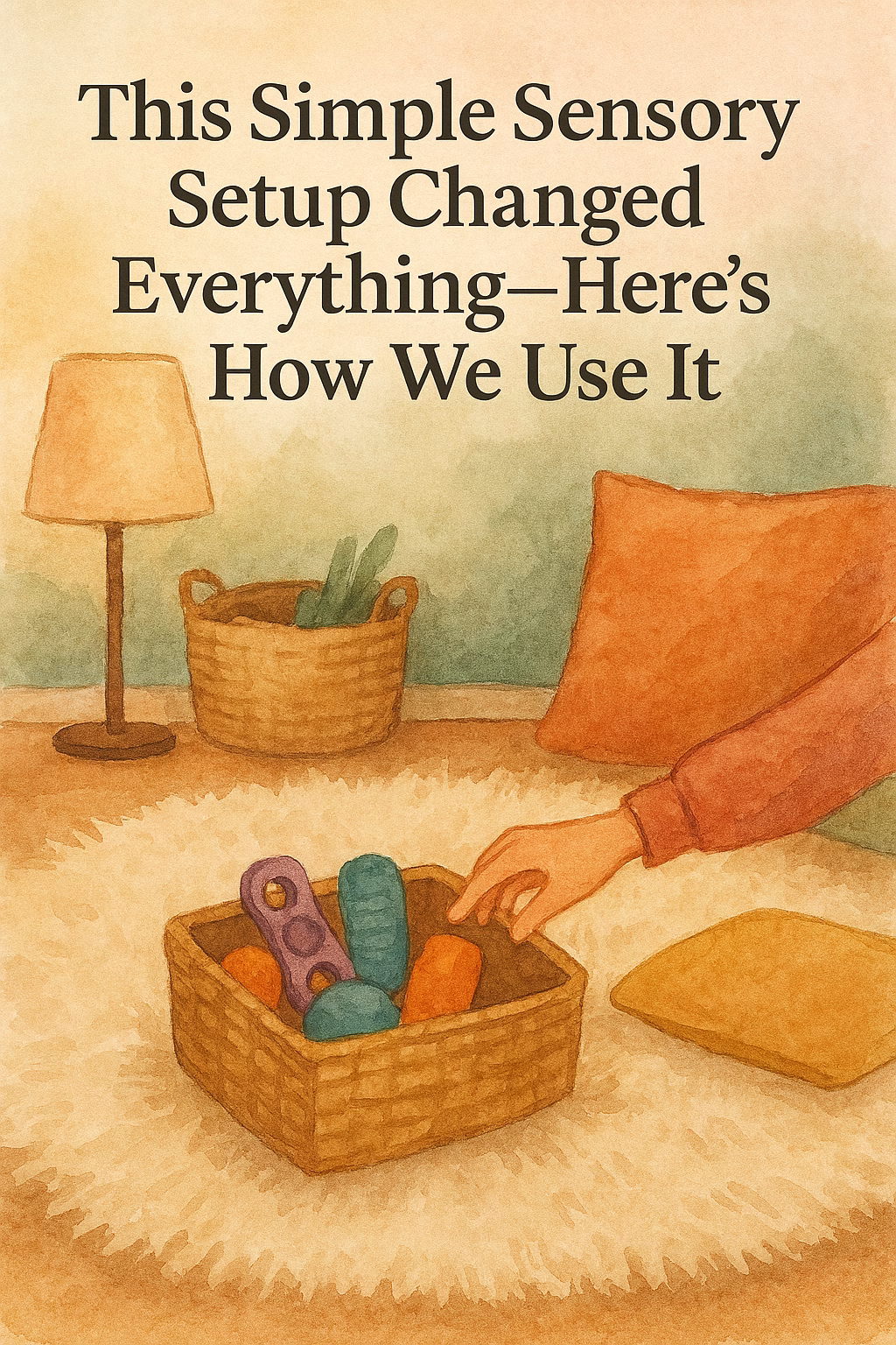 Watercolor-style illustration of a cozy sensory corner with warm autumn tones. A child’s hand reaches for sensory tools in a woven basket on a plush cream rug, surrounded by soft cushions, a floor lamp, and a wicker bin. The headline reads “This Simple Sensory Setup Changed Everything—Here’s How We Use It.”