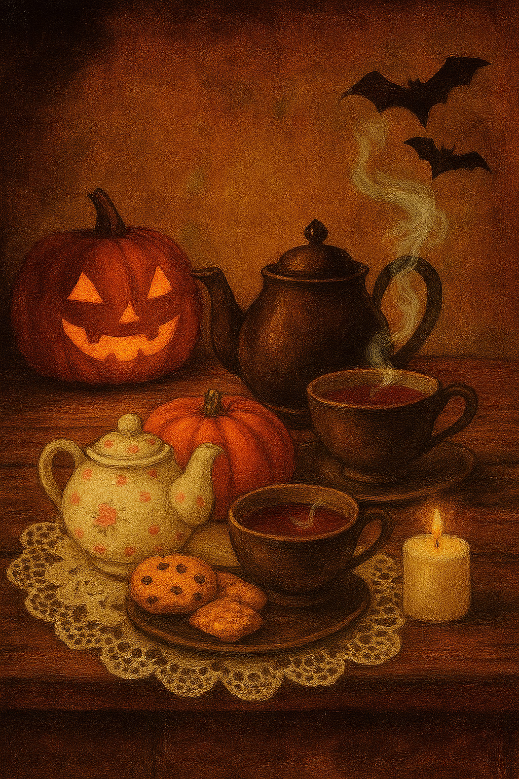 “A warm, vintage-style Halloween tea party scene featuring a glowing jack-o'-lantern, antique teapots, steaming teacups, cookies, a white porcelain teapot with pink polka dots, a small pumpkin, and a lit candle on a lace doily. Two bats fly in the background, adding a gentle spooky touch to the cozy, autumnal setting.”