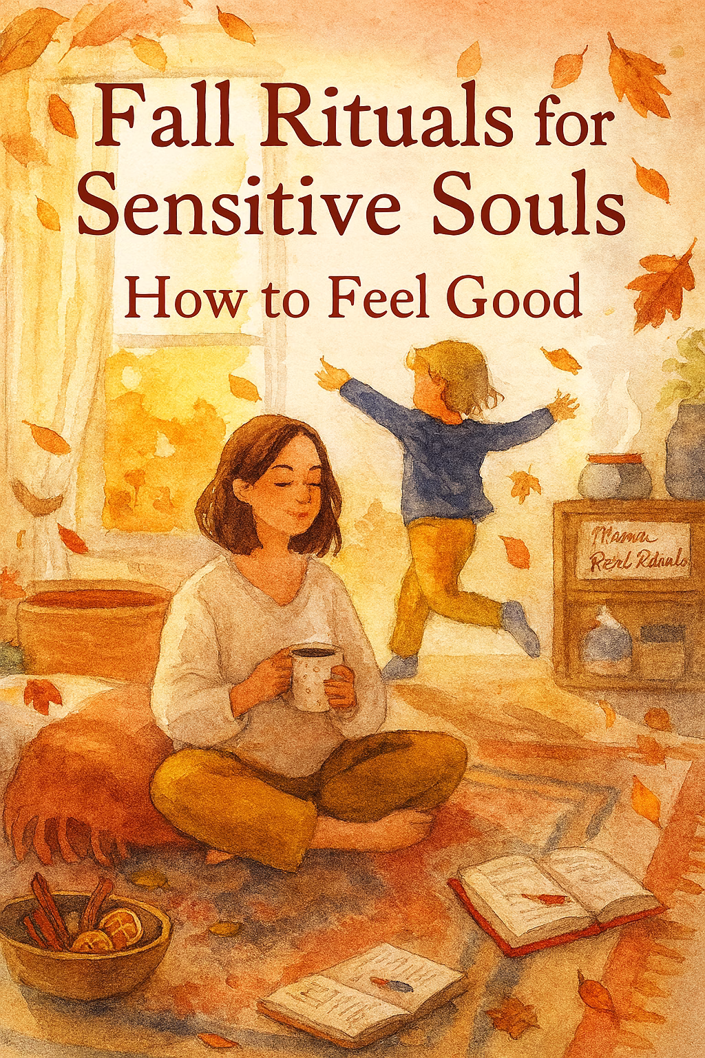 Watercolor illustration of a cozy fall homeschool scene with a mother sipping tea on a cushion and a child twirling nearby. Warm sunlight, autumn leaves, and soft textures create a calming atmosphere. Title reads “Fall Rituals for Sensitive Souls: How to Feel Good.”