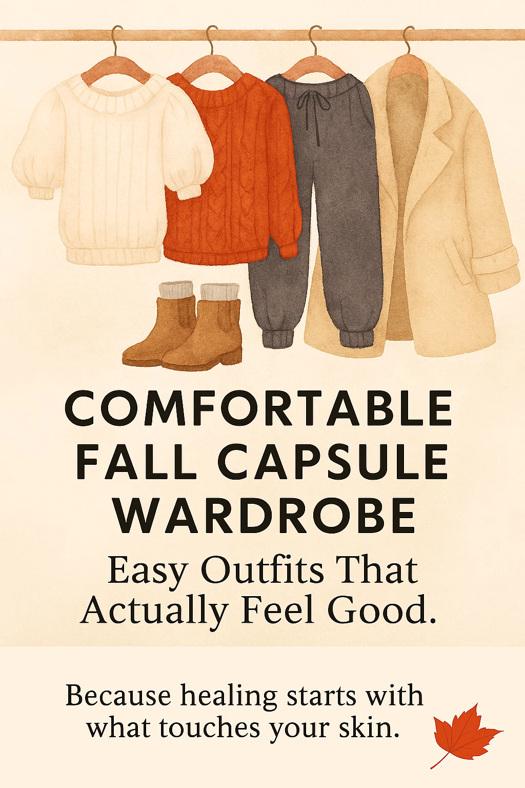 Watercolor-style illustration of a cozy fall capsule wardrobe featuring a puff-sleeve cream sweater, burnt-orange cable knit sweater, charcoal gray drawstring pants, beige trench coat, and brown ankle boots with soft socks. Clothing hangs on wooden hangers against a warm beige background. Text below reads “Comfortable Fall Capsule Wardrobe: Easy Outfits That Actually Feel Good” with a tagline: “Because healing starts with what touches your skin.”