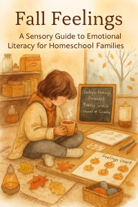 Watercolor-style illustration of a cozy homeschool scene in autumn. A child sits cross-legged on a textured rug, wearing a chunky knit cardigan, soft leggings, and ribbed socks, holding a steaming mug of cider. In front of them, a wooden table displays fall-themed emotional literacy tools: paper leaves labeled with feelings, a pumpkin-face feelings chart, and a half-colored emotion worksheet. A chalkboard nearby reads “Today’s Feelings Forecast: Breezy with a chance of Crunchy.” Behind them, a foggy window shows falling leaves. The mood is warm, safe, and sensory-rich—perfect for teaching emotional literacy in a homeschool setting.