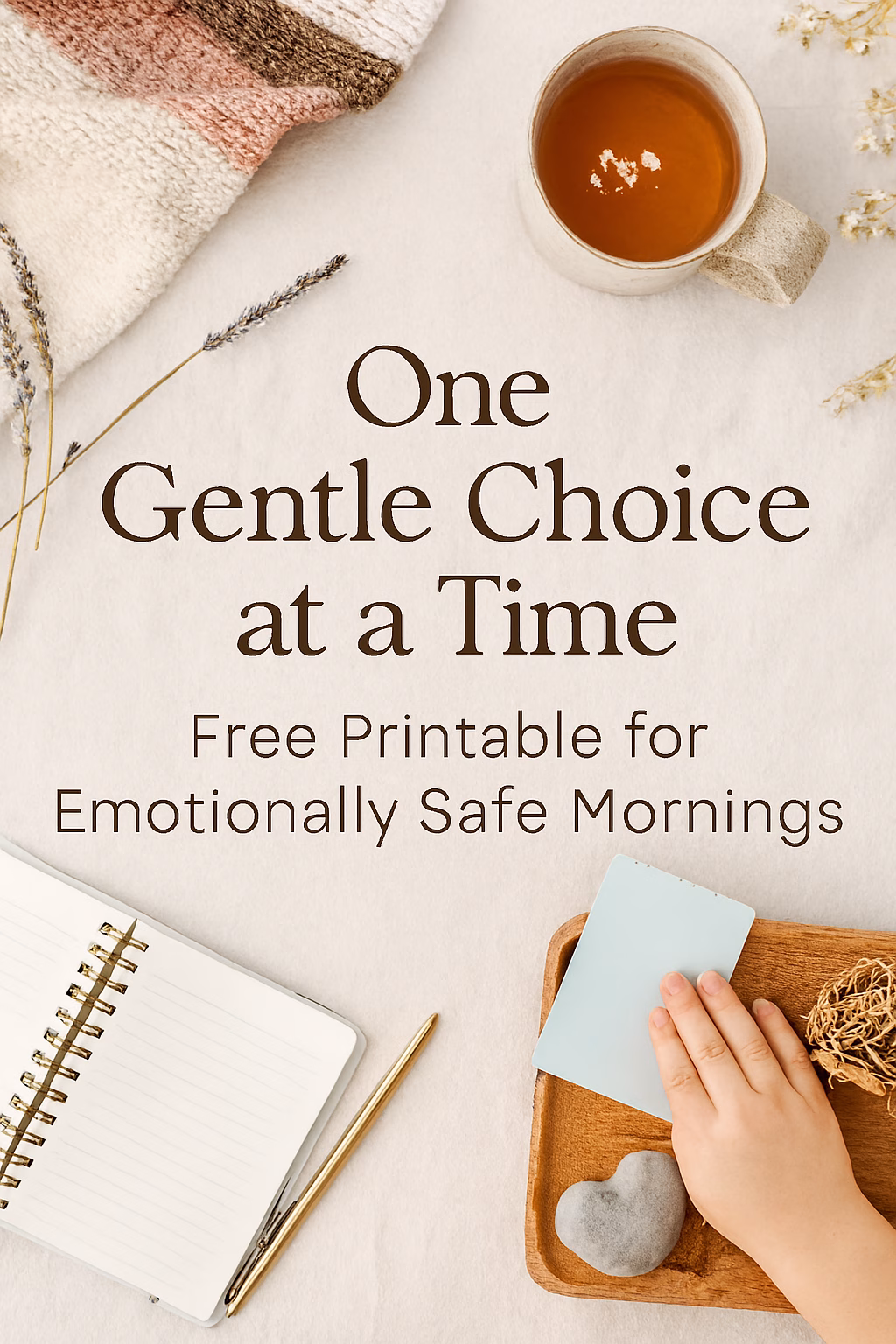 Flat lay image with cozy textures and soft lighting. A knit blanket, herbal tea, notebook, and child’s hand reaching for a card surround centered text: “One Gentle Choice at a Time: Free Printable for Emotionally Safe Mornings.”
