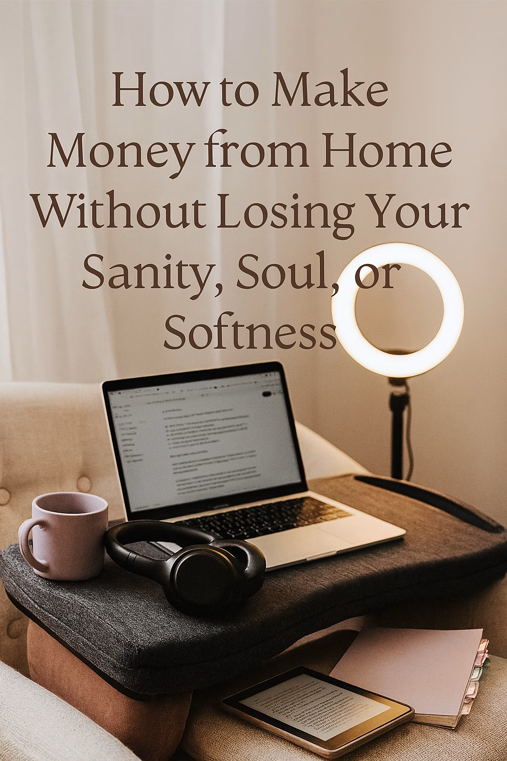 Cozy home workspace setup with a lap desk, open laptop, lavender mug, headphones, planner, and Kindle—styled for sensitive creatives learning how to Make Money from Home. Warm lighting and soft textures create a regulated, inviting atmosphere.