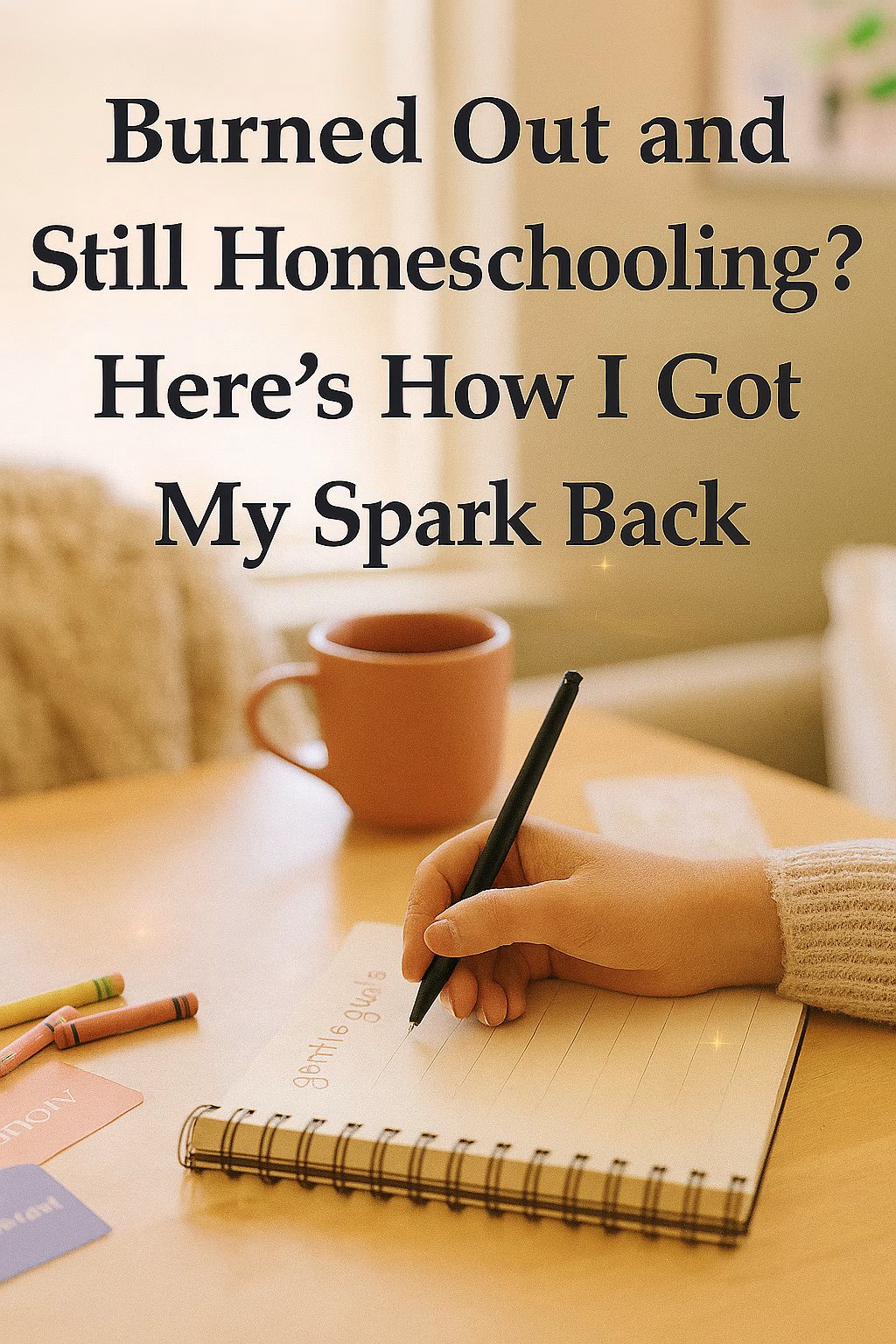 A cozy homeschool recovery scene with a woman’s hand writing in a planner labeled “gentle goals,” surrounded by a warm mug of tea, emotion cards, and crayons. Text overlay reads: “Burned Out and Still Homeschooling? Here’s How I Got My Spark Back.”