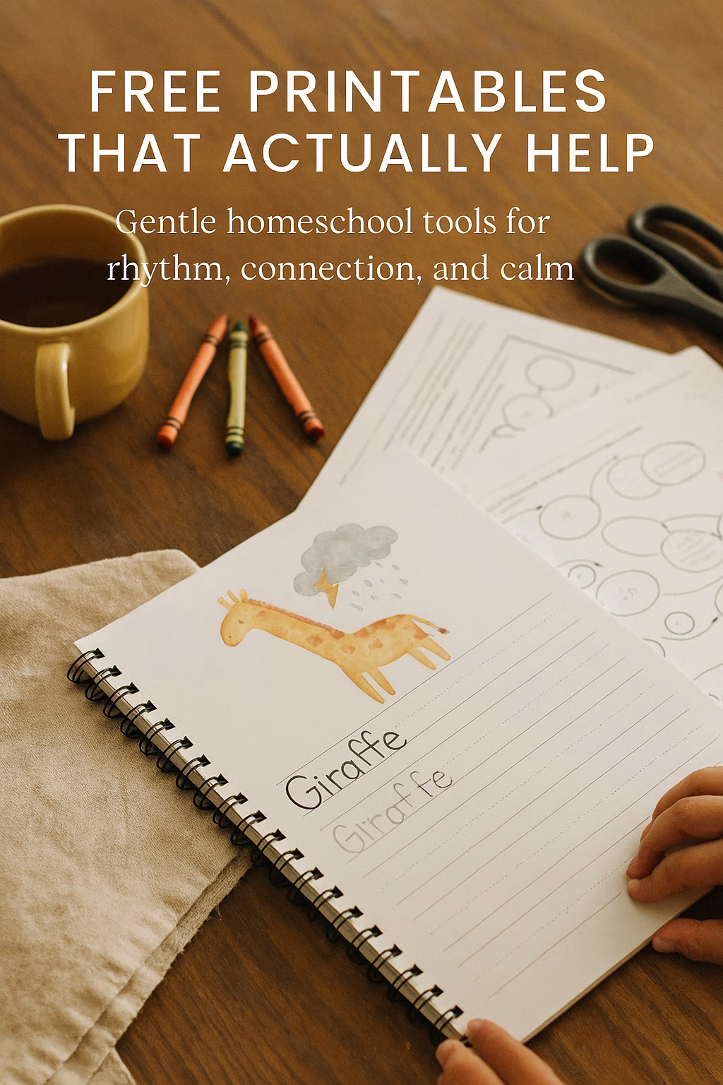 Flat lay of a homeschool table with a spiral-bound workbook open to a giraffe-themed handwriting page, surrounded by crayons, scissors, tea, and printed worksheets.