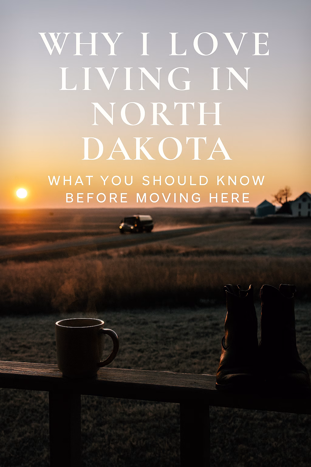 Sunrise over a quiet North Dakota road with a water truck in the distance, a steaming mug and worn boots on a porch railing in the foreground. Text overlay reads: ‘Why I Love Living in North Dakota – What You Should Know Before Moving Here.’”