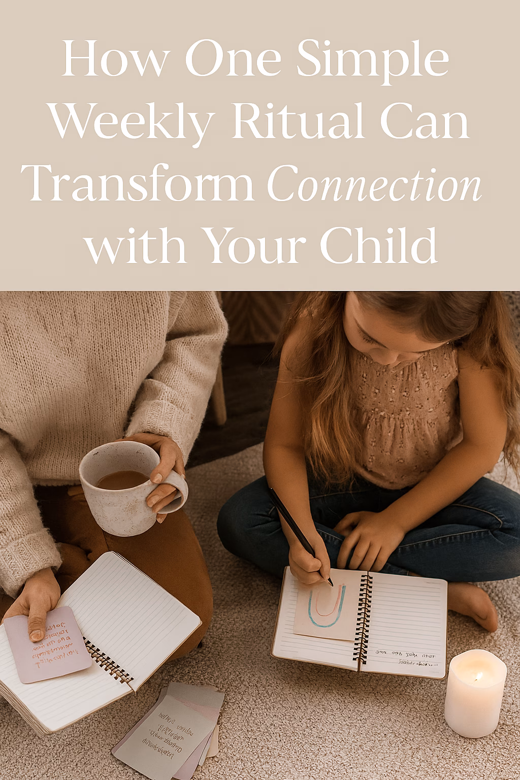 A mother and daughter sit together on a cozy beige blanket, sharing a quiet moment during their Weekly Ritual. The mother holds a warm mug and a journal with a prompt card, while the daughter draws a rainbow in her notebook. Soft lighting, a lit candle, and gentle textures create a warm, emotionally safe atmosphere focused on connection and reflection.
